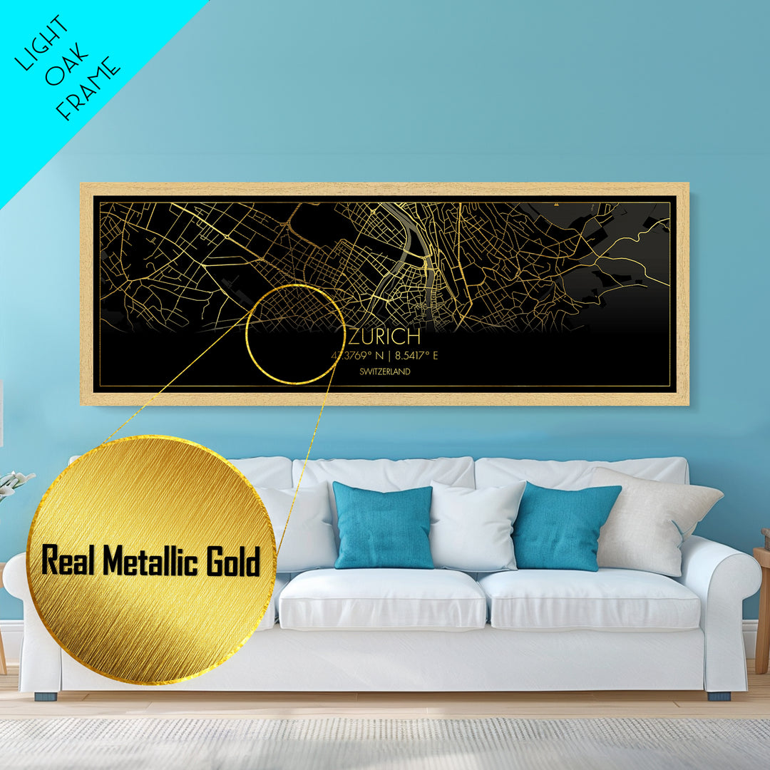 Zurich Switzerland City Poster, Panoramic street map, black and gold, Metallic Gold Art, Metal Art, wood framed map, Best Friend Gifts