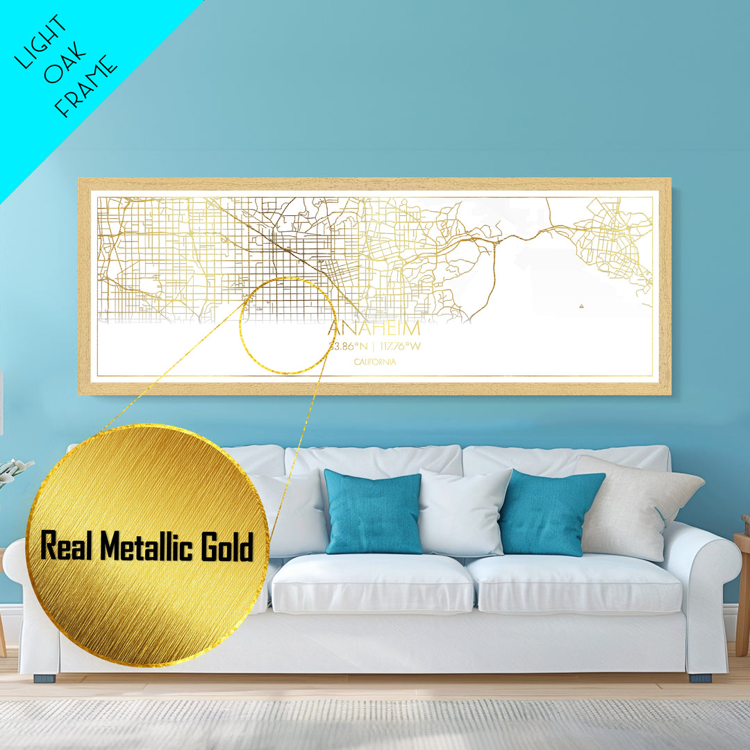 Anaheim California City Poster, Panoramic street map, black and gold, Metallic Gold Art, Metal Art, wood framed map, Minimalist Wall Art
