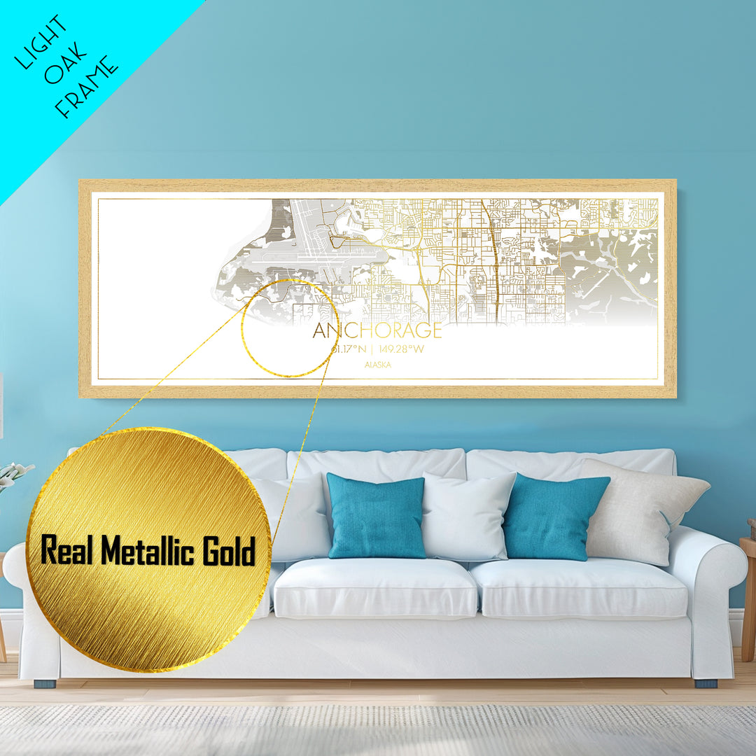 Anchorage Alaska City street map, Panoramic art, black and gold, Metallic Gold Print, Metal Art, real wood frames, Gold Street Map Art