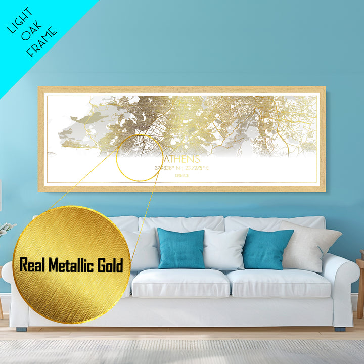 Athens Greece City street map, Panoramic art, black and gold, Metallic Gold Print, Metal Art, real wood frames, Housewarming Gift