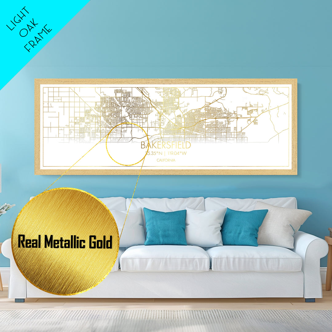 Bakersfield California City street map, Panoramic art, black and gold, Metallic Gold Print, Metal Art, real wood frames, Best Friend Gifts
