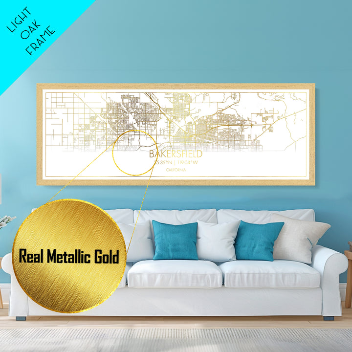 Bakersfield California City street map, Panoramic art, black and gold, Metallic Gold Print, Metal Art, real wood frames, Best Friend Gifts