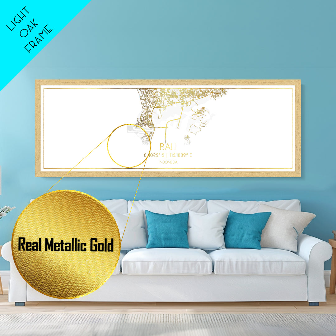 Bali Indonesia City Poster, Panoramic street map, black and gold, Metallic Gold Art, Metal Art, wood framed map, Gold Street Map Art
