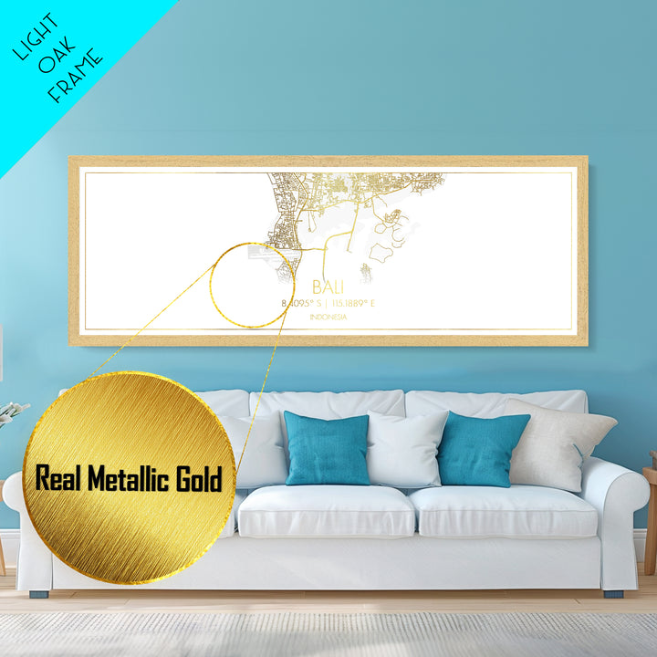Bali Indonesia City Poster, Panoramic street map, black and gold, Metallic Gold Art, Metal Art, wood framed map, Gold Street Map Art