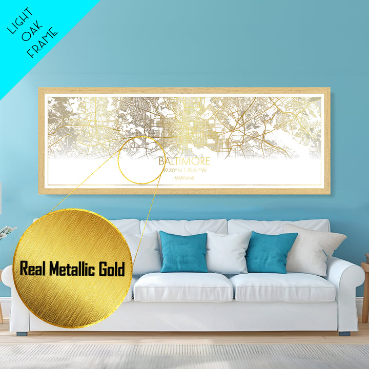Baltimore Maryland City street map, Panoramic art, black and gold, Metallic Gold Print, Metal Art, real wood frames, Modern Wall Art