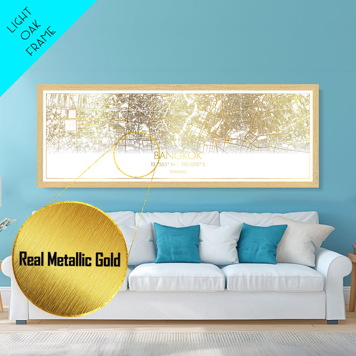 Bangkok Thailand City Poster, Panoramic street map, black and gold, Metallic Gold Art, Metal Art, wood framed map, Metallic Gold Foil  Art
