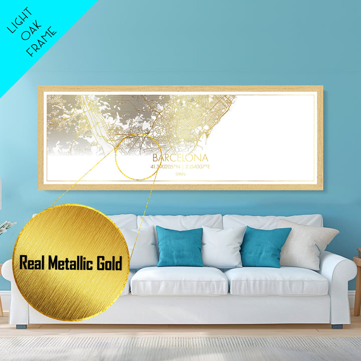 Barcelona Spain City street map, Panoramic art, black and gold, Metallic Gold Print, Metal Art, real wood frames, Modern Wall Art