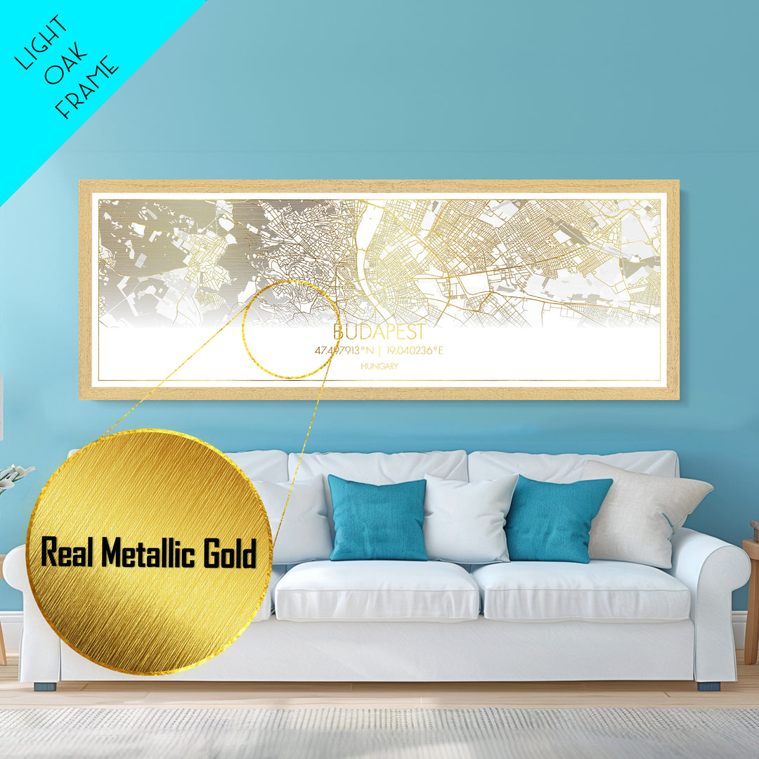 Budapest Hungary City street map, Panoramic art, black and gold, Metallic Gold Print, Metal Art, real wood frames, Minimalist Wall Art