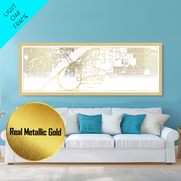 Cape Coral Florida City street map, Panoramic art, black and gold, Metallic Gold Print, Metal Art, real wood frames, Housewarming Gift