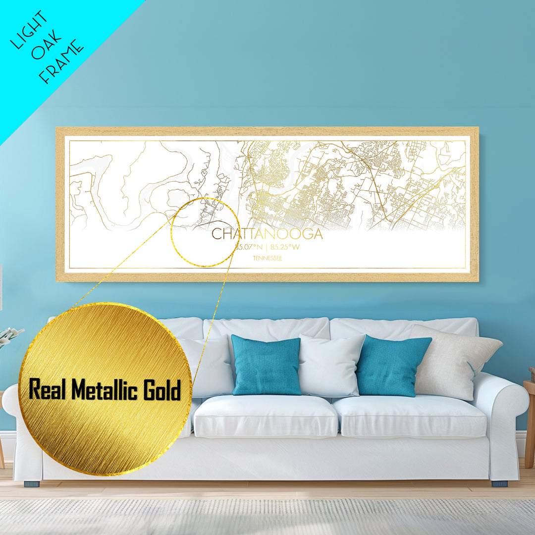 Chattanooga Tennessee City Poster, Panoramic street map, black and gold, Metallic Gold Art, Metal Art, wood framed map, Street Map Art