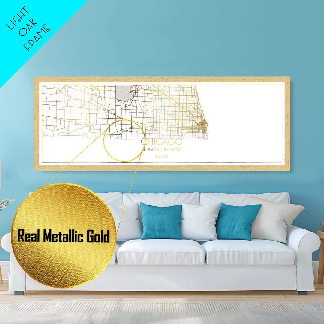 Chicago Illinois City Poster, Panoramic street map, black and gold, Metallic Gold Art, Metal Art, wood framed map, Modern Wall Art