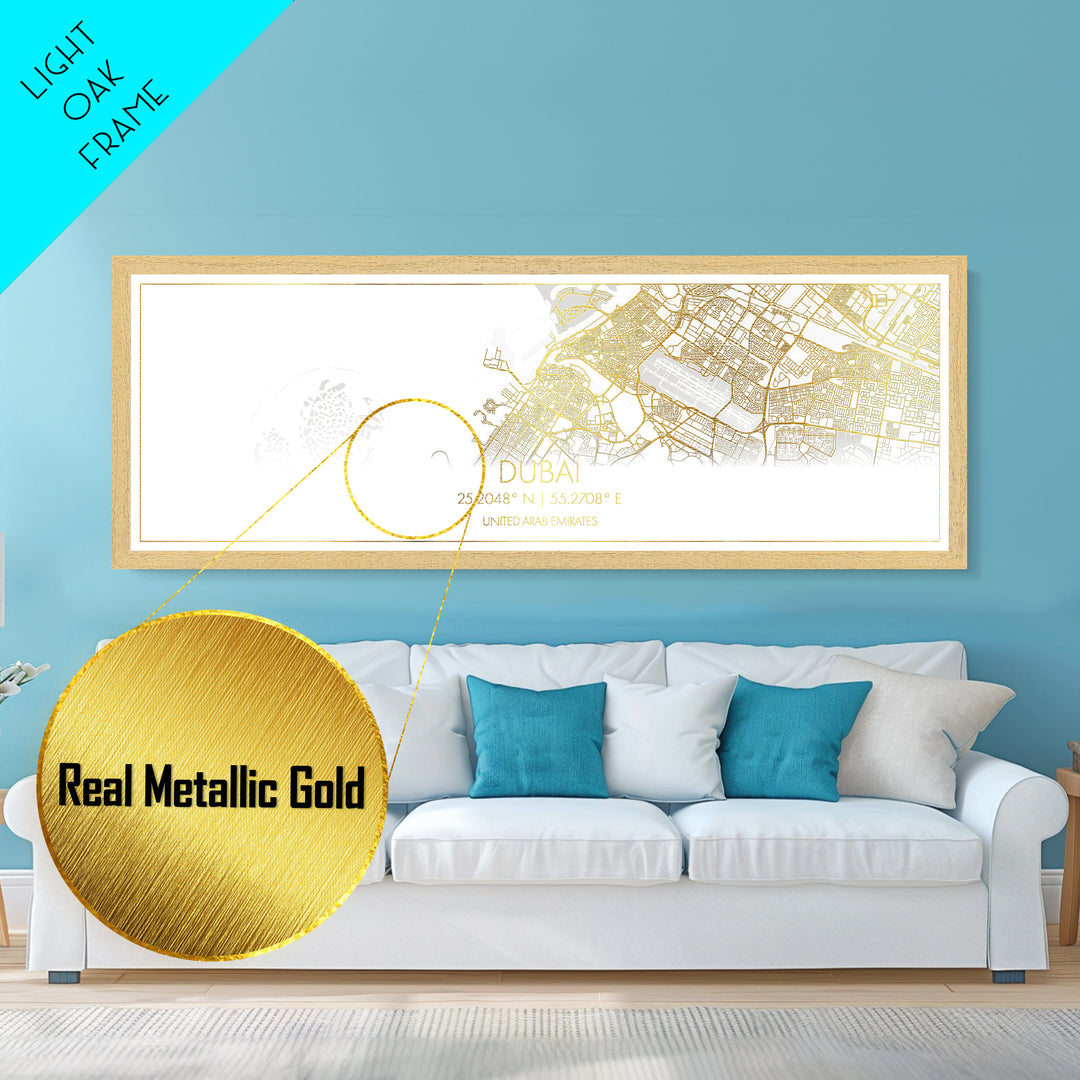 Dubai United Arab Emirates City Poster, Panoramic street map, black and gold, Metallic Gold Art, Metal Art, wood framed map, Modern Wall Art
