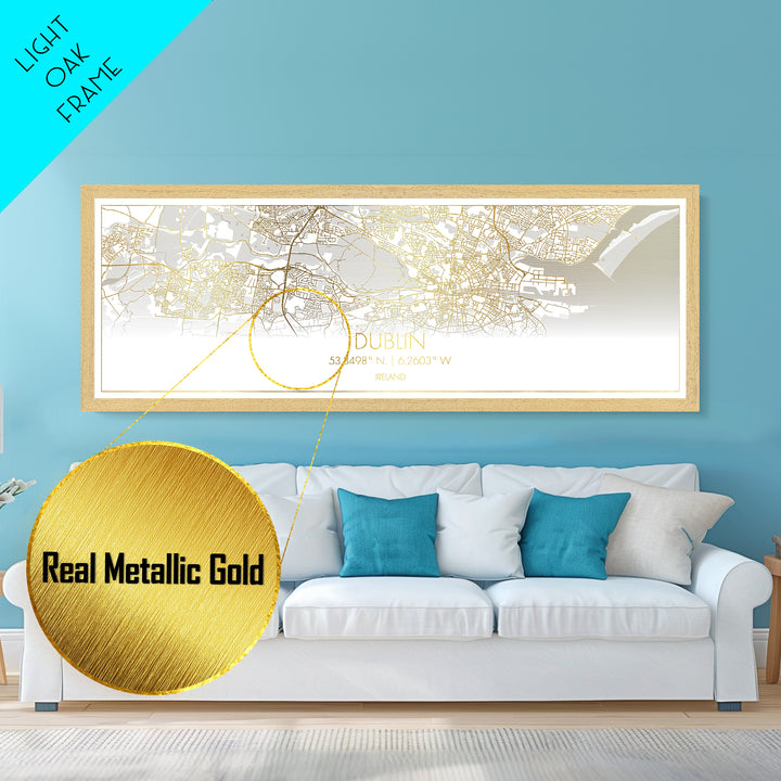 Dublin Ireland map, Panoramic art, black and gold, Metallic Gold Print, Metal Art, real wood frames, Street Map Art, Housewarming Gift