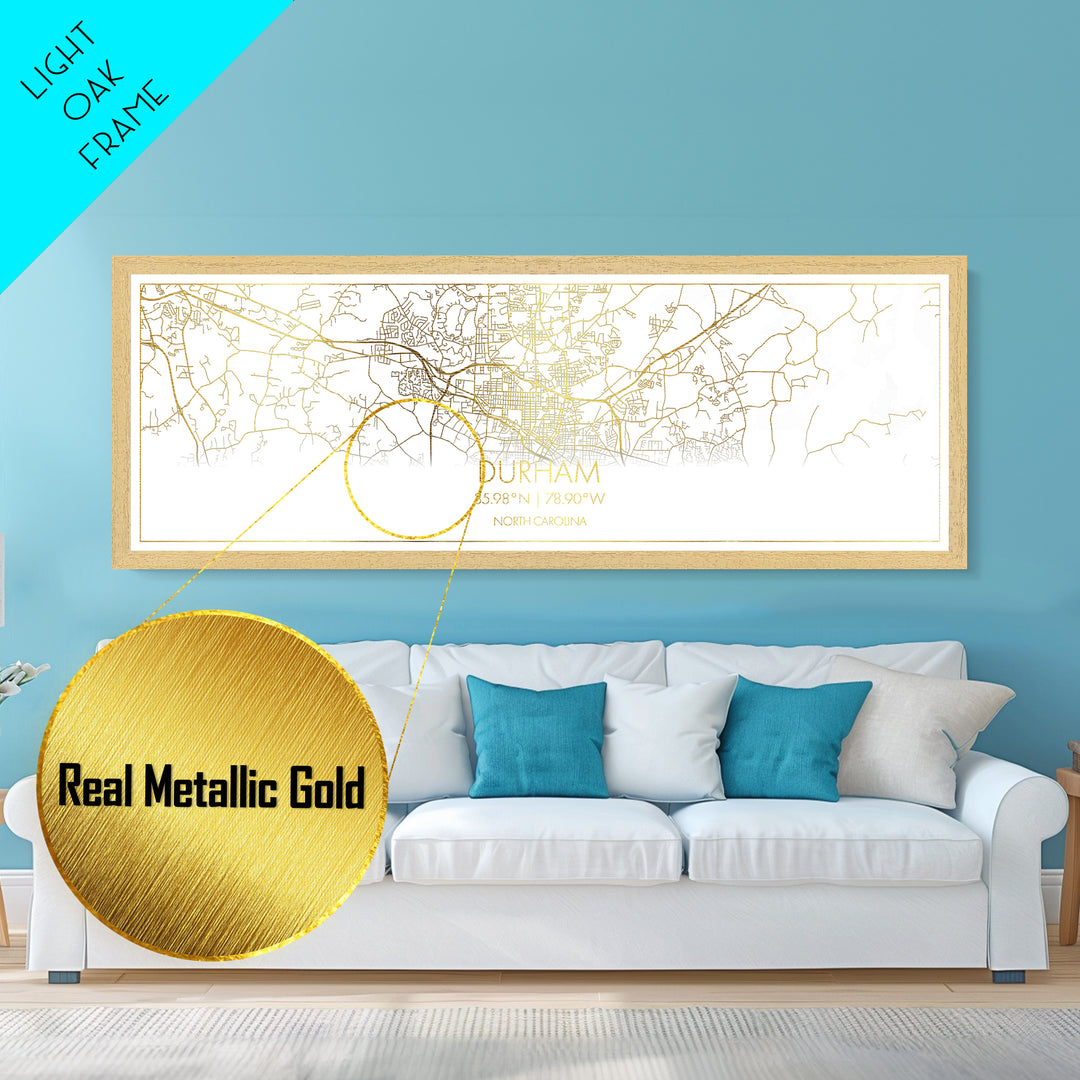 Durham North Carolina City Poster, Panoramic street map, black and gold, Metallic Gold Art, Metal Art, wood framed map, Modern Wall Art