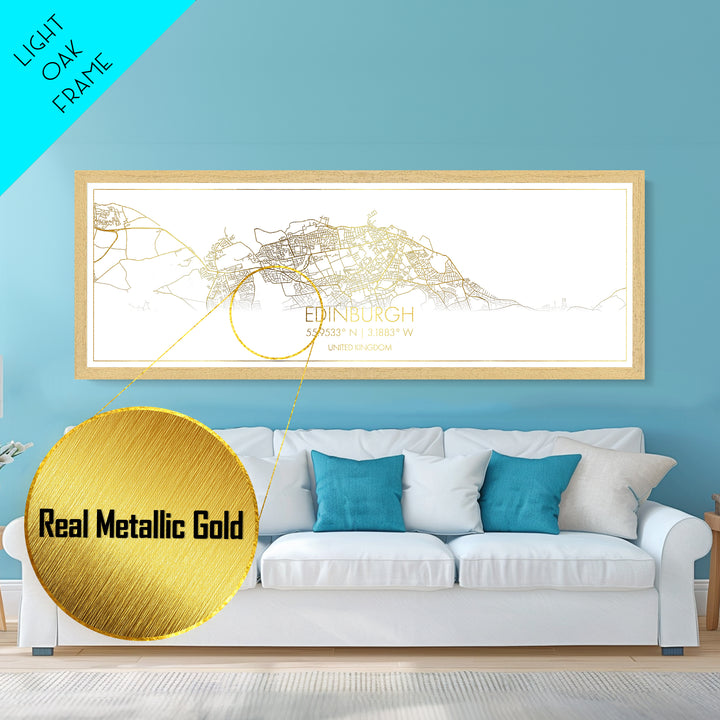 Edinburgh United Kingdom City street map, Panoramic art, black and gold, Metallic Gold Print, Metal Art, real wood frames, Best Friend Gifts