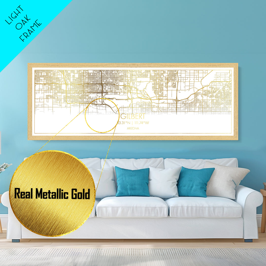 Gilbert Arizona map, Panoramic art, black and gold, Metallic Gold Print, Metal Art, real wood frames, Street Map Art, Best Friend Gifts