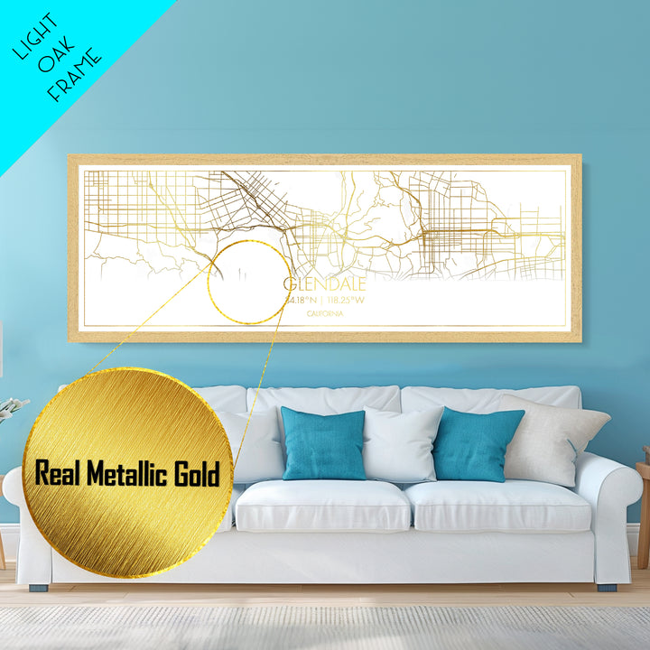 Glendale California City street map, Panoramic art, black and gold, Metallic Gold Print, Metal Art, real wood frames, Minimalist Wall Art