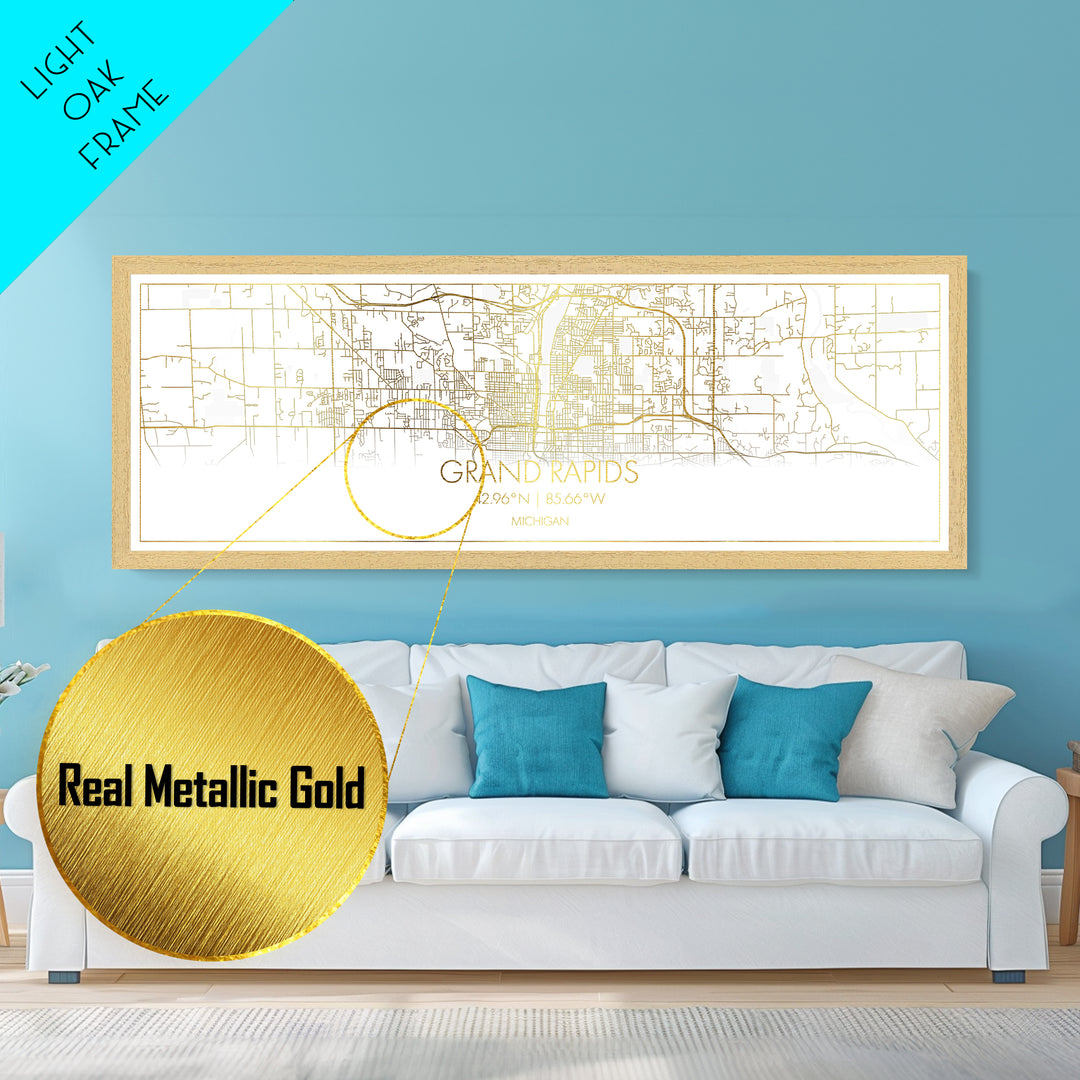 Grand Rapids Michigan City street map, Panoramic art, black and gold, Metallic Gold Print, Metal Art, real wood frames, Street Map Art
