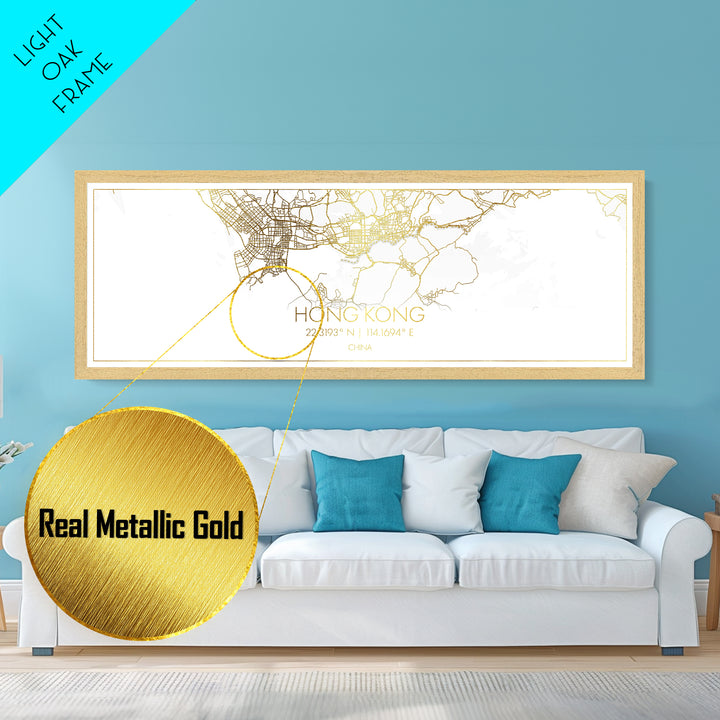 Hong Kong China City Poster, Panoramic street map, black and gold, Metallic Gold Art, Metal Art, wood framed map, Minimalist Wall Art
