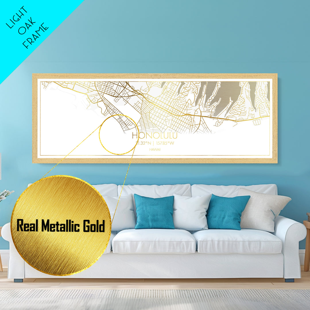 Honolulu Hawaii City street map, Panoramic art, black and gold, Metallic Gold Print, Metal Art, real wood frames, City Map Print Poster