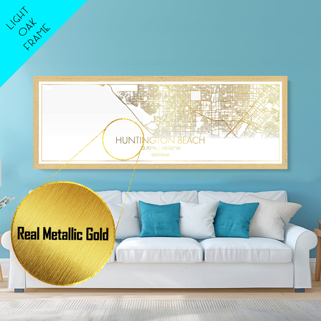 Huntington Beach California street map, Panoramic art, black and gold, Metallic Gold Print, Metal Art, real wood frames, Modern Wall Art