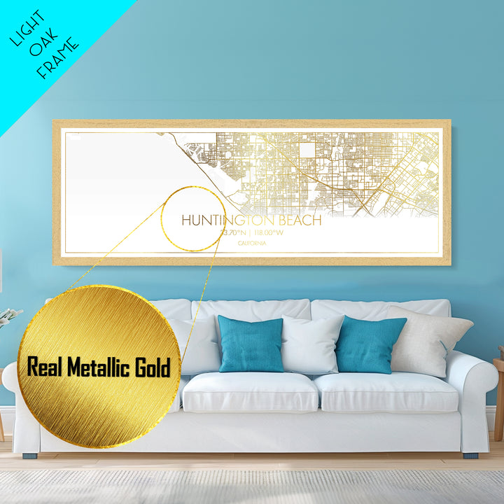 Huntington Beach California street map, Panoramic art, black and gold, Metallic Gold Print, Metal Art, real wood frames, Modern Wall Art