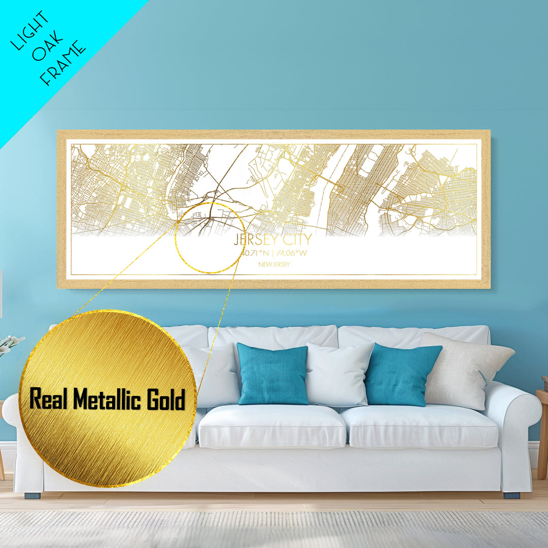 Jersey City New Jersey City street map, Panoramic art, black and gold, Metallic Gold Print, Metal Art, real wood frames, Minimalist Wall Art