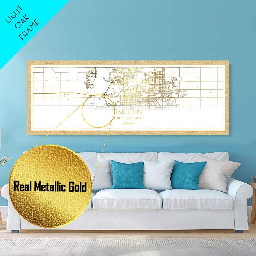 Lincoln Nebraska City Poster, Panoramic street map, black and gold, Metallic Gold Art, Metal Art, wood framed map, College Dorm Décor