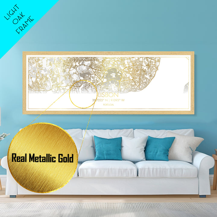 Lisbon Portugal map, Panoramic art, black and gold, Metallic Gold Print, Metal Art, real wood frames, Modern Wall Art, Housewarming Gift