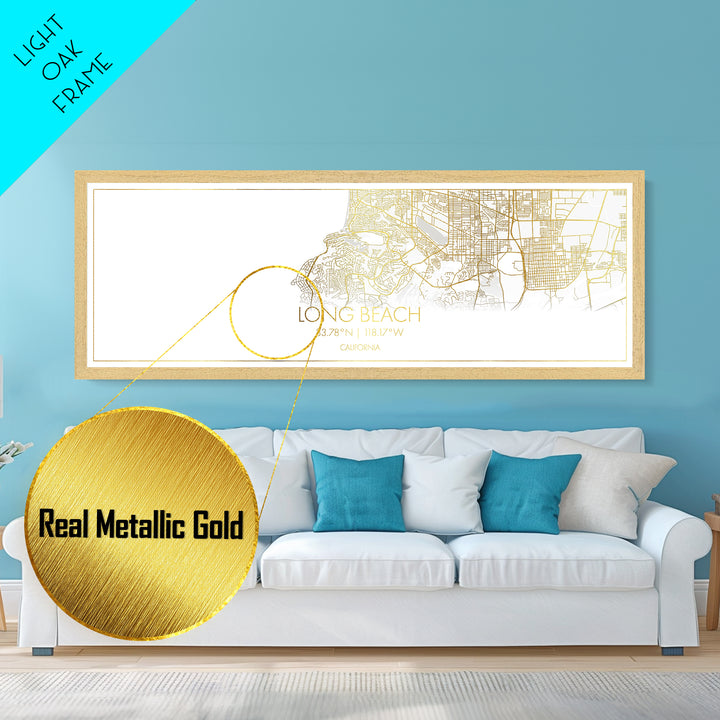 Long Beach California City Poster, Panoramic street map, black and gold, Metallic Gold Art, Metal Art, wood framed map, Housewarming Gift