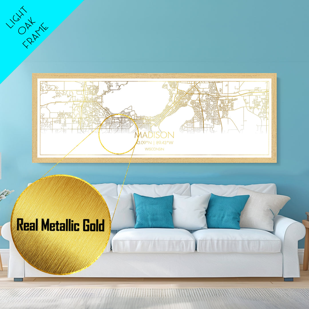 Madison Wisconsin City street map, Panoramic art, black and gold, Metallic Gold Print, Metal Art, real wood frames, Wall Art, Minimalist Art