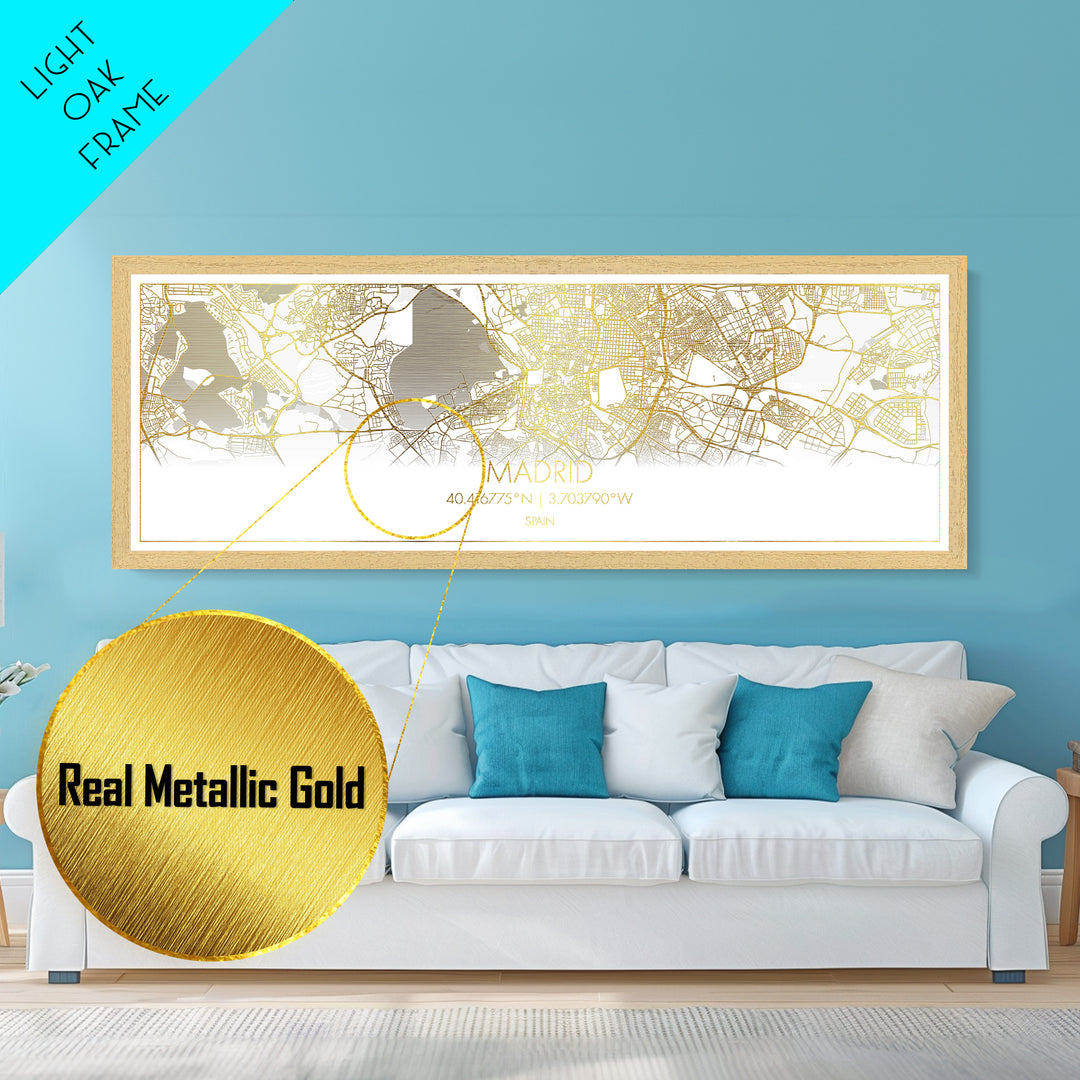 Madrid Spain City Poster, Panoramic street map, black and gold, Metallic Gold Art, Metal Art, wood framed map, College Dorm Décor