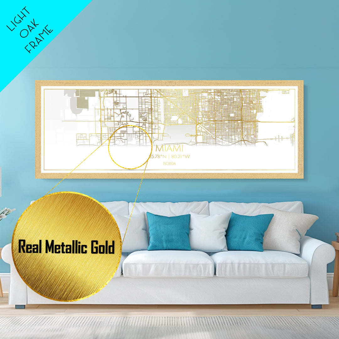 Miami Florida City street map, Panoramic art, black and gold, Metallic Gold Print, Metal Art, real wood frames, Office Decor, Wall Art