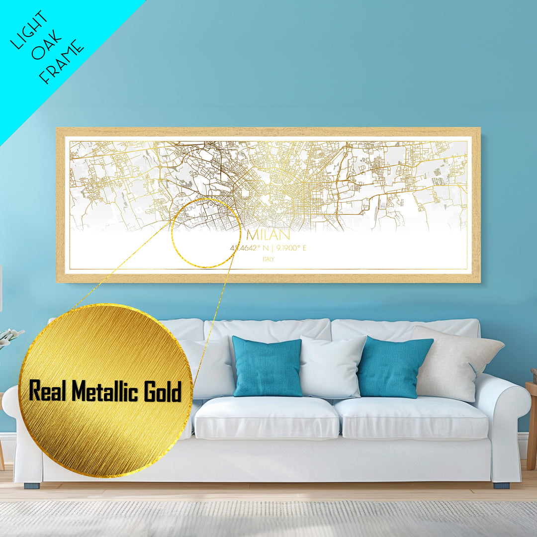 Milan Italy City Poster, Panoramic street map, black and gold, Metallic Gold Art, Metal Art, wood framed map, Modern Wall Art