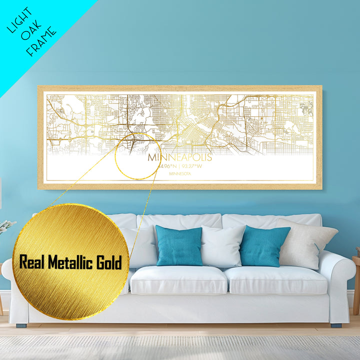 Minneapolis Minnesota City Poster, Panoramic street map, black and gold, Metallic Gold Art, Metal Art, wood framed map, Office Décor