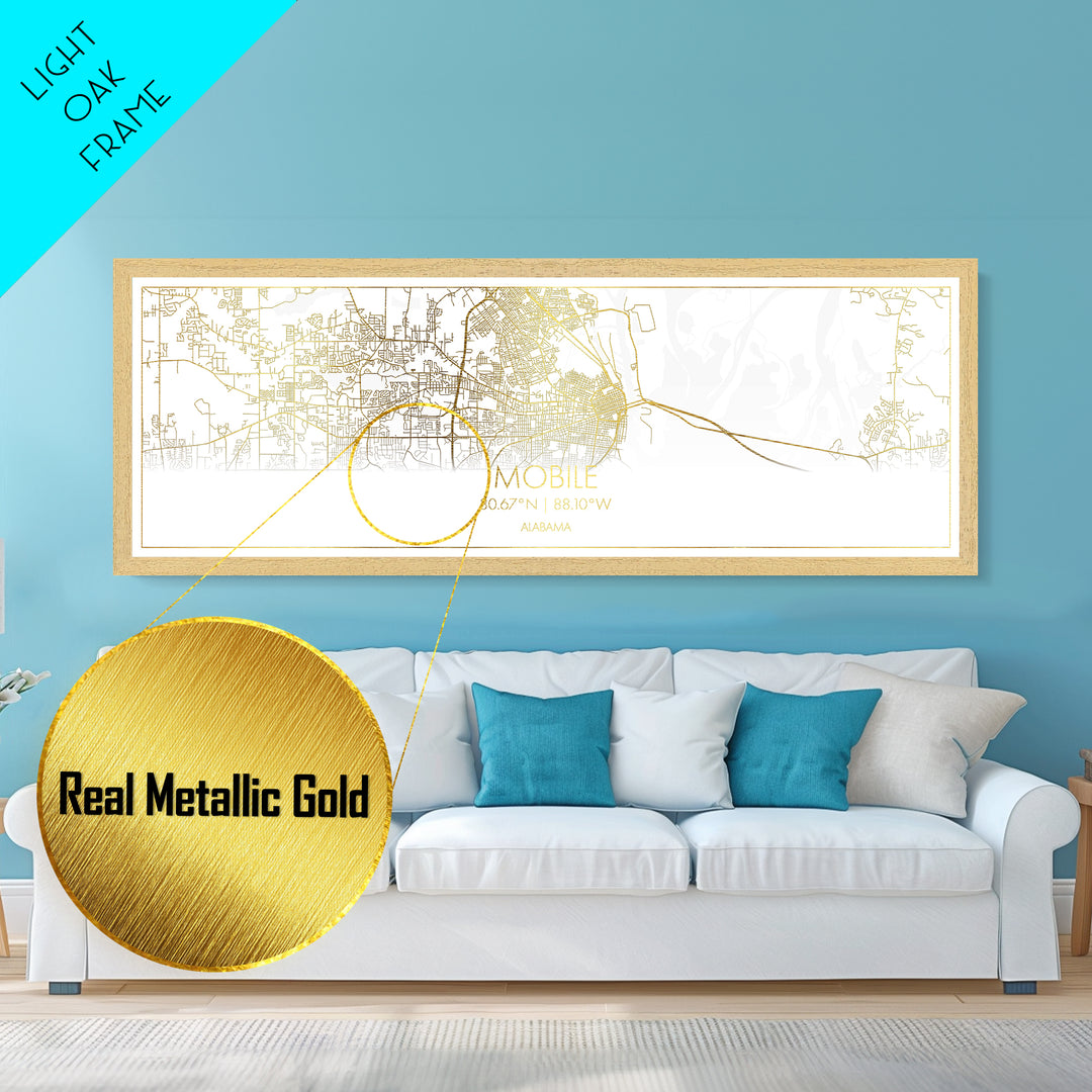 Mobile Alabama City street map, Panoramic art, black and gold, Metallic Gold Print, Metal Art, real wood frames, Housewarming Gift