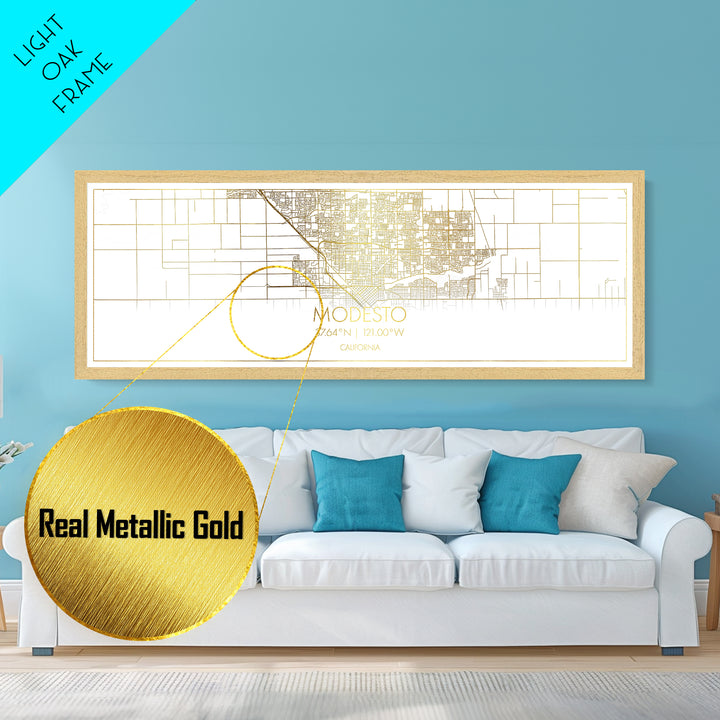 Modesto California City Poster, Panoramic street map, black and gold, Metallic Gold Art, Metal Art, wood framed map, Modern House Art