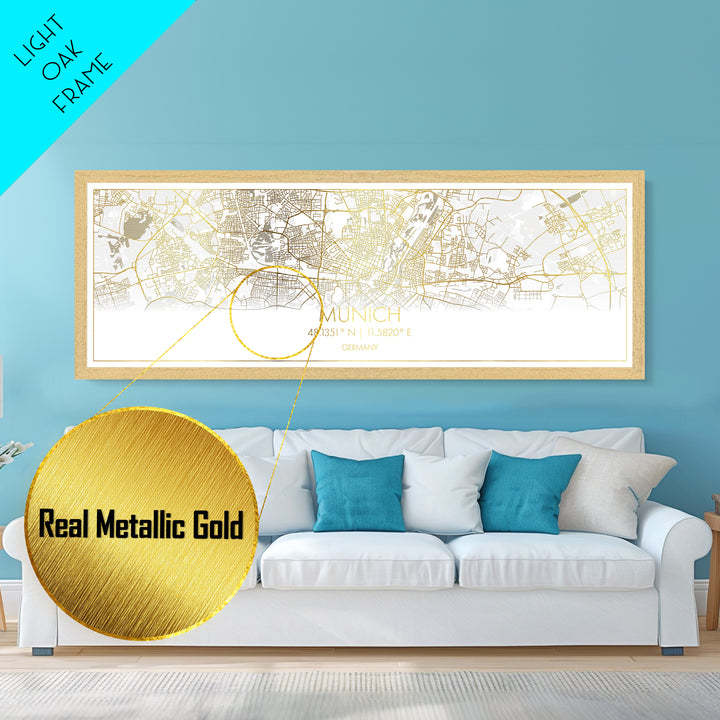 Munich Germany City Poster, Panoramic street map, black and gold, Metallic Gold Art, Metal Art, wood framed map,  Housewarming Gift