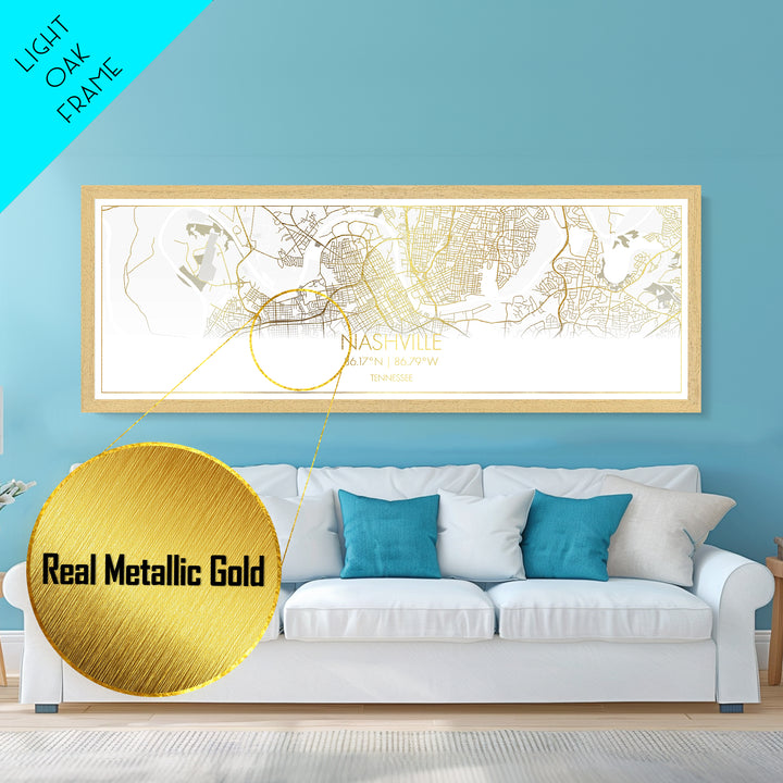Nashville Tennessee City street map, Panoramic art, black and gold, Metallic Gold Print, Metal Art, real wood frames, Map Print Poster