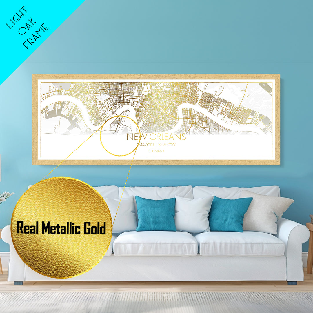New Orleans Louisiana City street map, Panoramic art, black and gold, Metallic Gold Print, Metal Art, real wood frames, Housewarming Gift