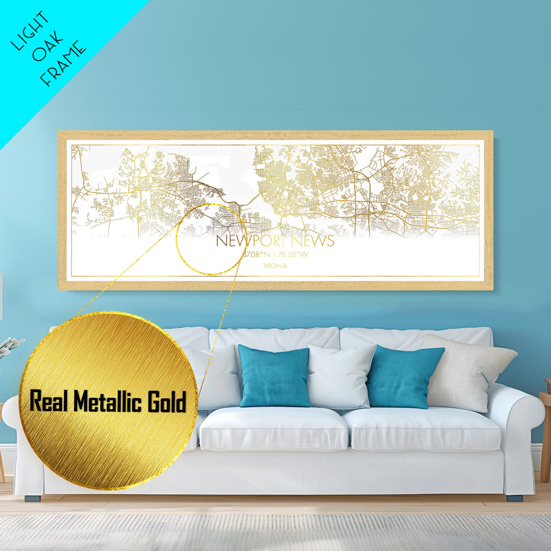 Newport News Virginia City Poster, Panoramic street map, black and gold, Metallic Gold Art, Metal Art, wood framed map, Street Map Art