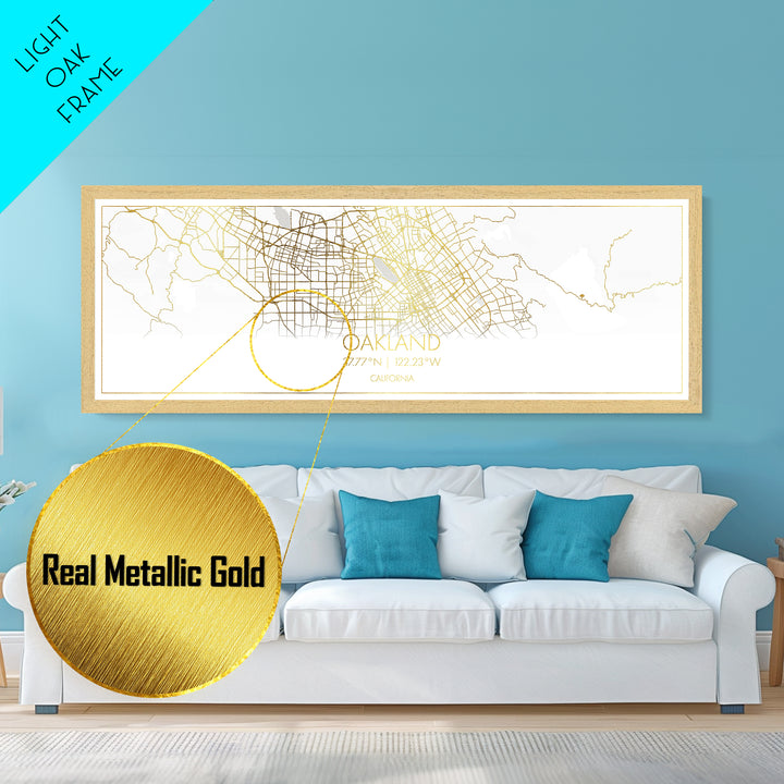Oakland California City Poster, Panoramic street map, black and gold, Metallic Gold Art, Metal Art, wood framed map, City Road Map Poster