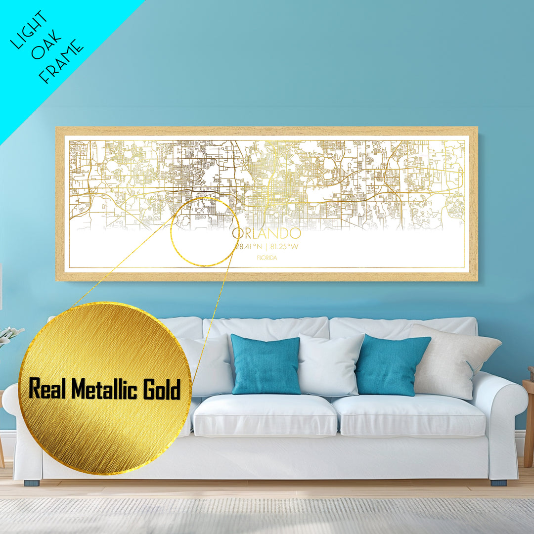 Orlando Florida City street map, Panoramic art, black and gold, Metallic Gold Print, Metal Art, real wood frames, Modern Wall Art