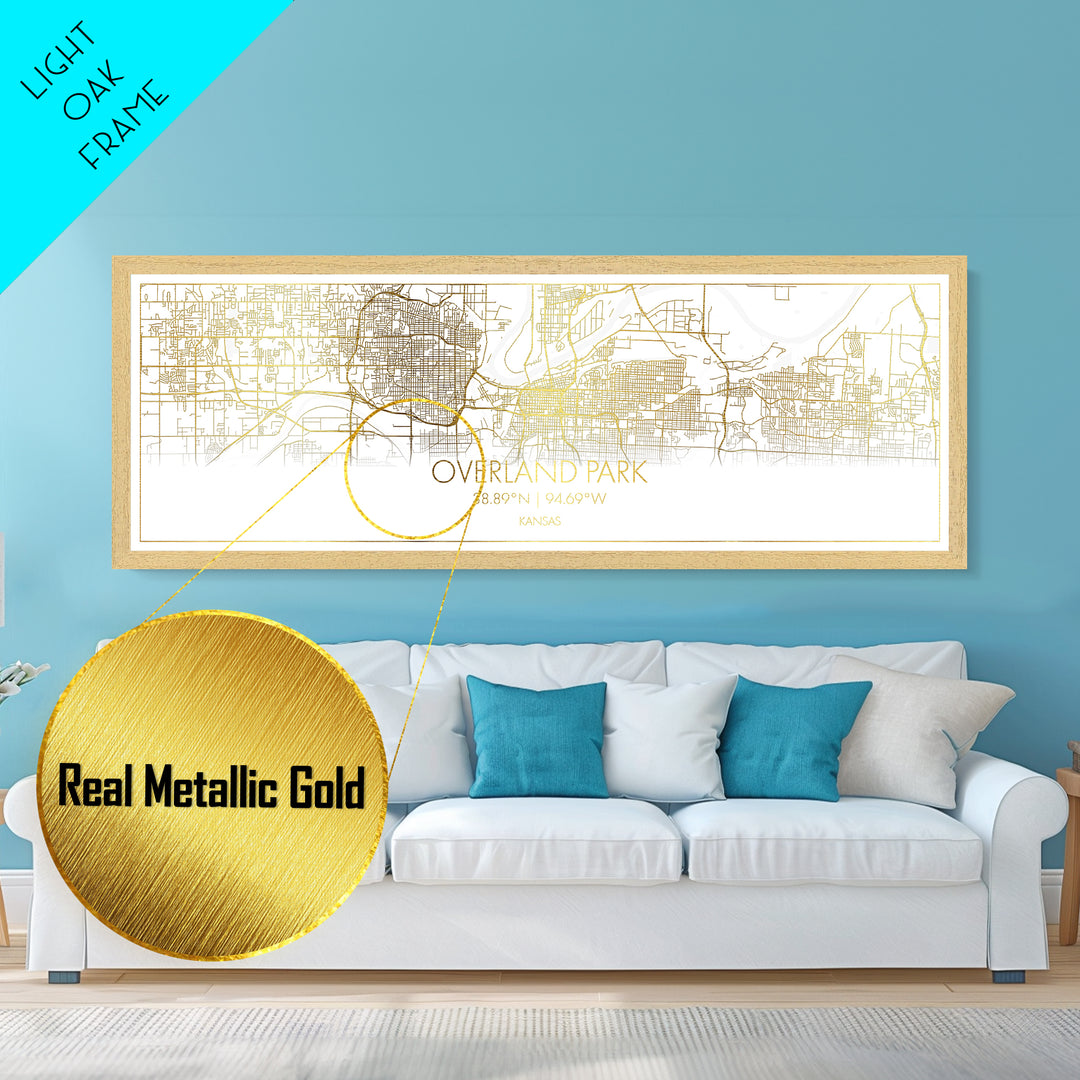 Overland Park Kansas City street map, Panoramic art, black and gold, Metallic Gold Print, Metal Art, real wood frames, Minimalist Wall Art