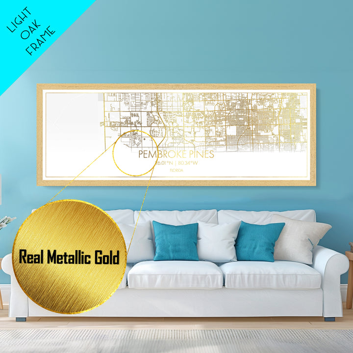 Pembroke Pines Florida City Poster, Panoramic street map, black and gold, Metallic Gold Art, Metal Art, wood framed map, Best Friend Gifts