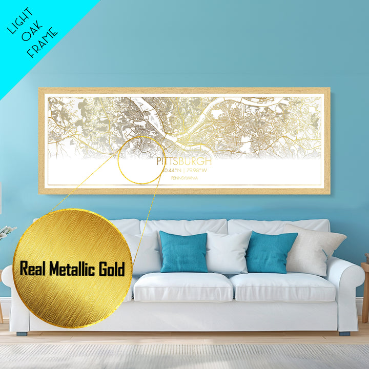 Pittsburgh Pennsylvania City Poster, Panoramic street map, black and gold, Metallic Gold Art, Metal Art, wood framed map, Closing Gift