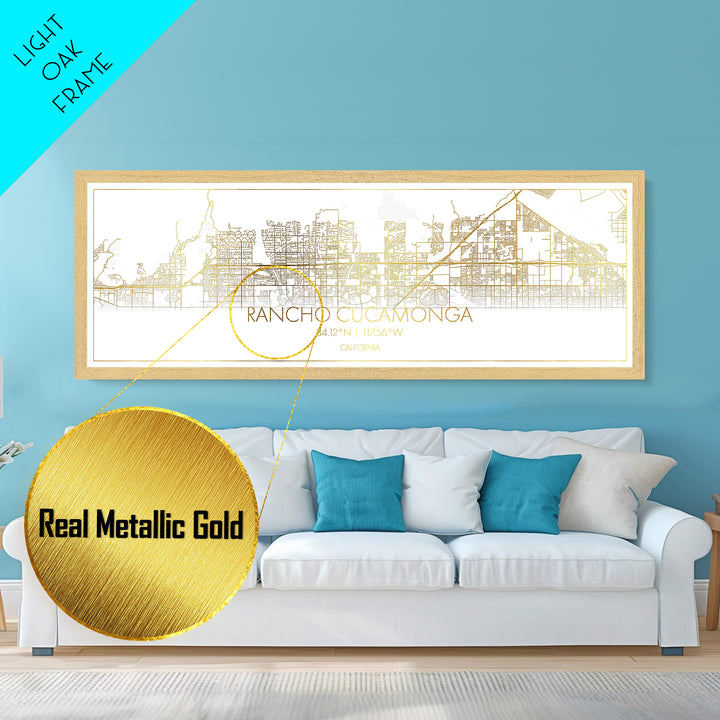Rancho Cucamonga California street map, Panoramic art, black and gold, Metallic Gold Print, Metal Art, real wood frames, Housewarming Gift