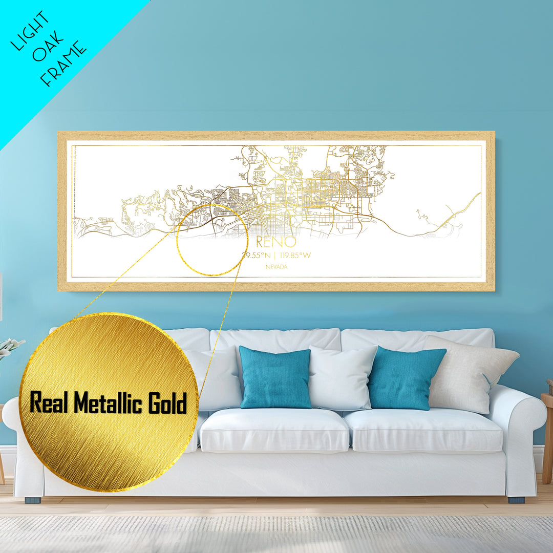 Reno Nevada City Poster, Panoramic street map, black and gold, Metallic Gold Art, Metal Art, wood framed map, Wall Art, Modern House Art