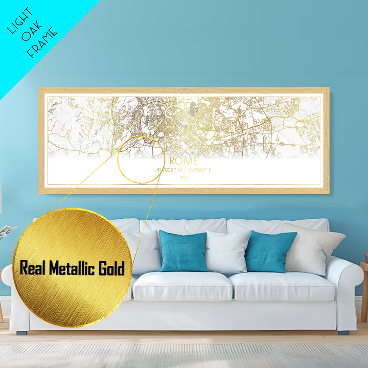 Rome Italy map, Panoramic art, black and gold, Metallic Gold Print, Metal Art, real wood frames, Street Map Art, City Map Print Poster