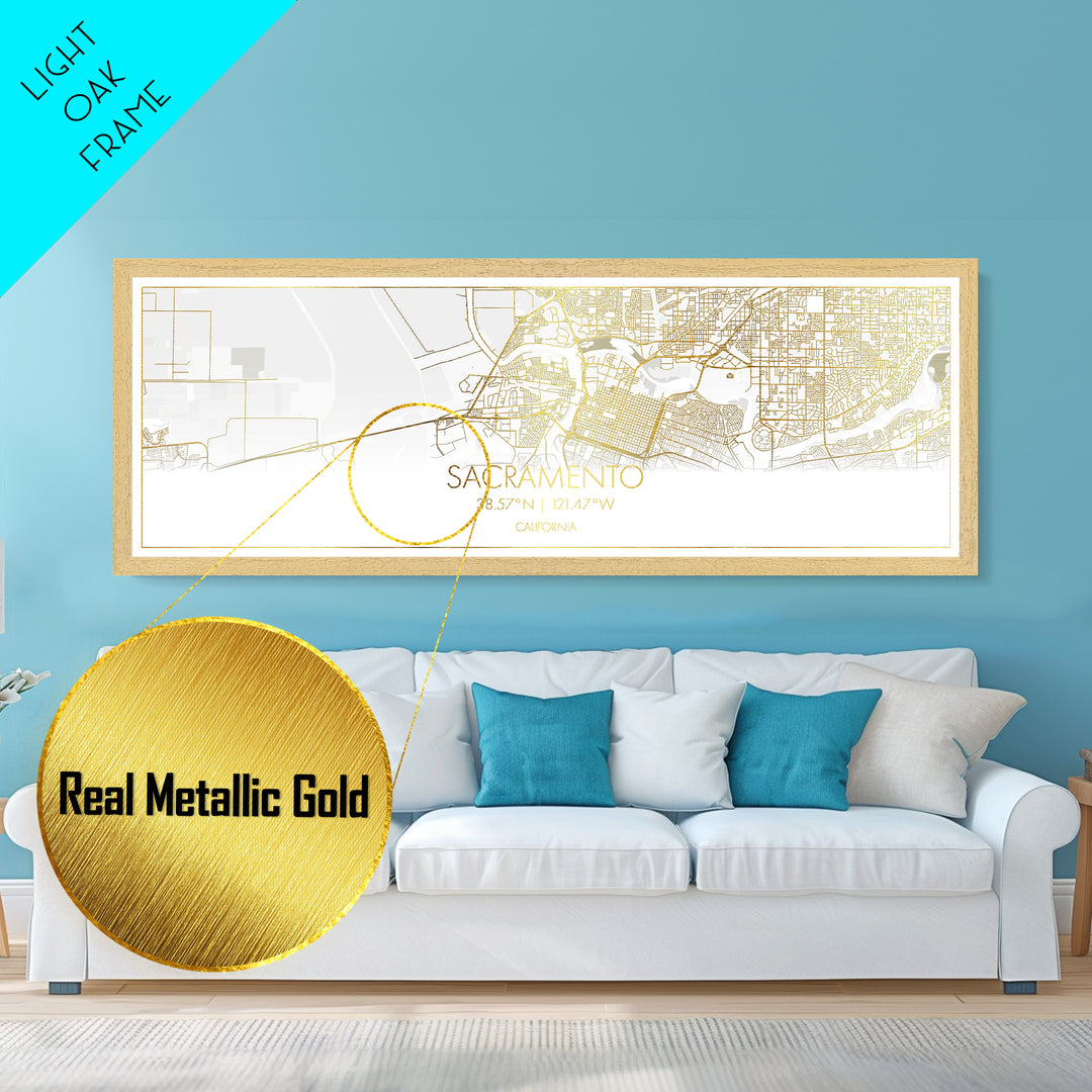 Sacramento California City Poster, Panoramic street map, black and gold, Metallic Gold Art, Metal Art, wood framed map, Minimalist Wall Art